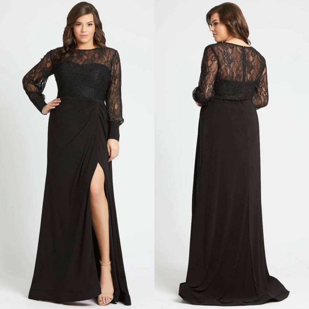 Mac Duggal Long Sleeve Lace Illusion Gown Maxi Dress 67143F Black Size 22W